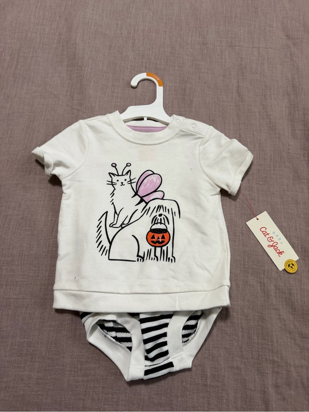 NWT Baby Girl Halloween Pumpkin Cat Outfit Shirt and Striped Bloomers Size 12M